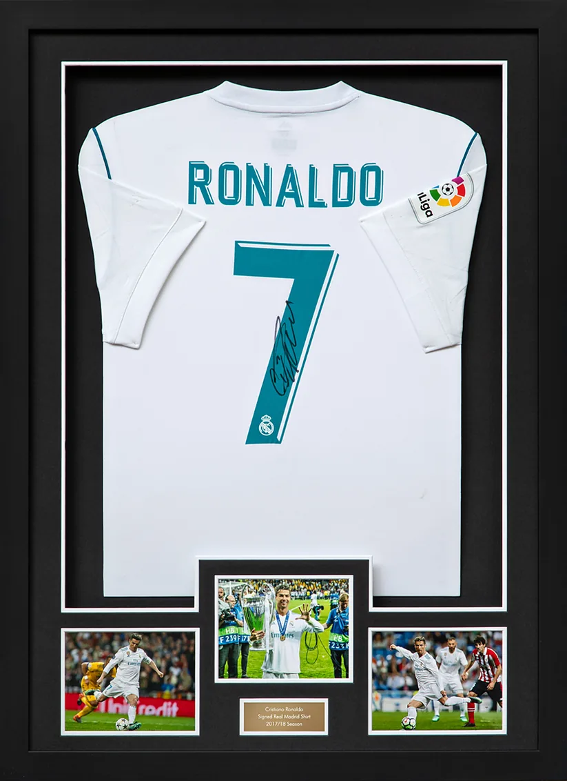 Anatomy of a framed shirt - signed Cristiano Ronaldo Real Madrid display, with three photos and an engraved plaque, labelled with its craftsmanship details