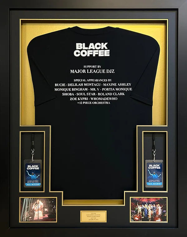 Black Coffee - Tour Pass & Tickets, framed by Premier Shirt Framing