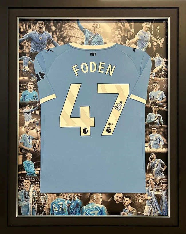 Framed Foden Manchester City football shirt with photo montage - Platinum package example