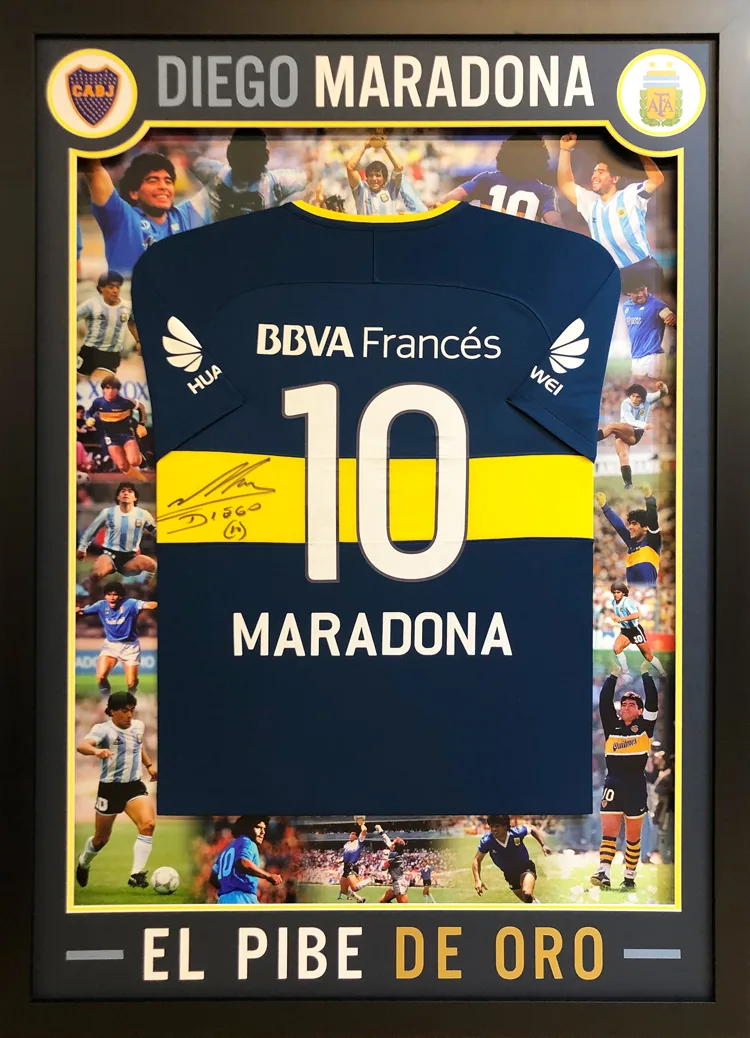 Platinum package - signed Maradona Boca Juniors montage framed shirt
