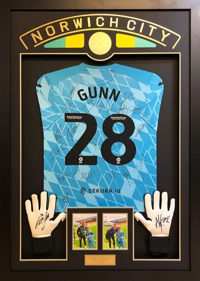 Framed Angus Gunn Norwich City football shirt with match images and engraved plaque