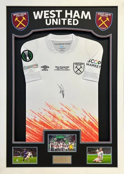 Framed West Ham football shirt with match images and engraved plaque