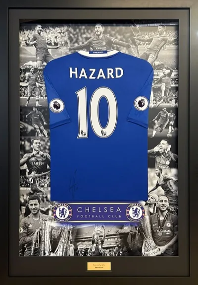 Framed Eden Hazard Chelsea football shirt with photo montage and engraved plaque