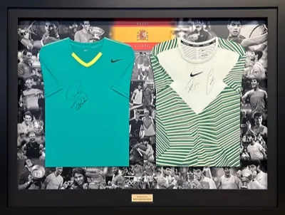 Framed Nadal and Alcaraz Spain tennis display with photo montage and engraved plaque