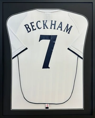 Framed signed Beckham England football shirt