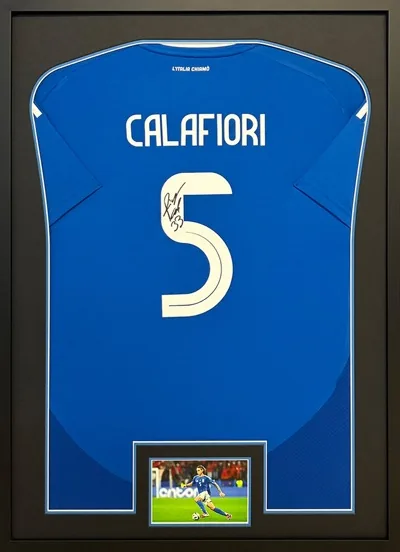 Framed Italy football shirt with Calafiori match images
