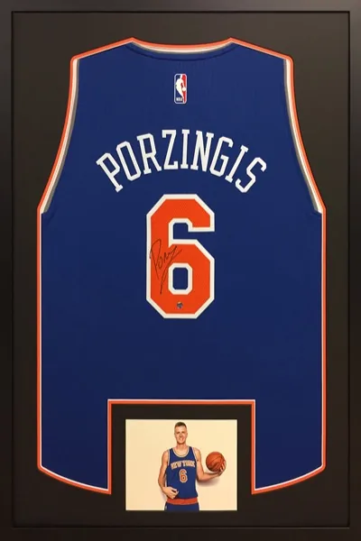 Framed Porzingis New York Knicks basketball shirt with match images