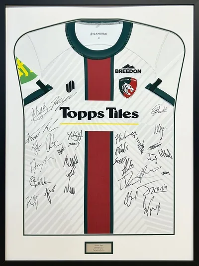 Framed Leicester Tigers rugby shirt with engraved plaque